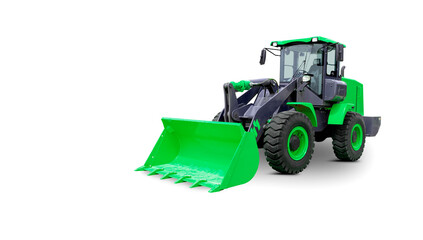 Wheel Loader Isolated on White Background. Yellow Front Loader. Loading Shovel. Manufacturing Equipment. Pneumatic Truck. Tractor Front End Loader. Heavy Equipment Machine