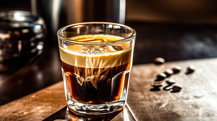 A delicious espresso in a glass cup on a wooden table
