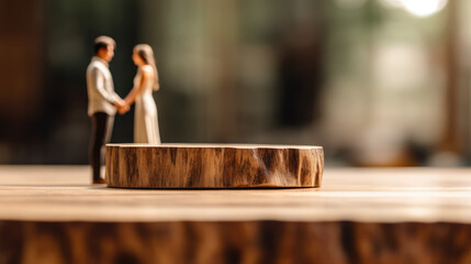 Obraz na płótnie Canvas Empty wooden counter table top for product display with a wedding scene background. Generative ai 