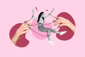 Collage 3d artwork sketch poster picture of positive smiling lady tied up strong ropes obeying...
