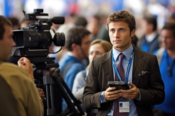 A news reporter covering a live event.  Generative AI - obrazy, fototapety, plakaty