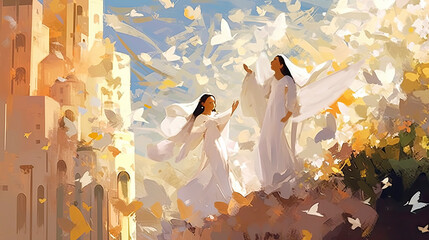 Colorful painting art of angels singing and praising God in heaven. Christian illustration. - obrazy, fototapety, plakaty