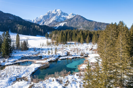 Aerial view of Zelenci Nature Reserve, located close to Krajnska Gora, Slovenia, Europe.