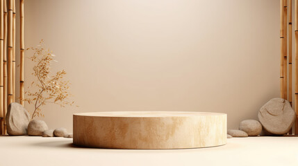 Fototapeta na wymiar Beige round podium on beige. Food or product podium, AI Generative ai