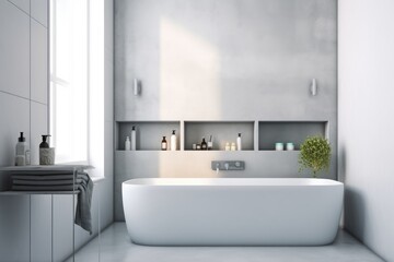Obraz na płótnie Canvas modern white bathroom, minimal style, contemporary design with natural light, generative AI