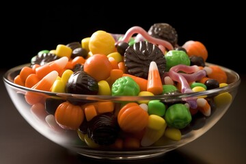 A close - up of a bowl filled with Halloween candies. Generative AI