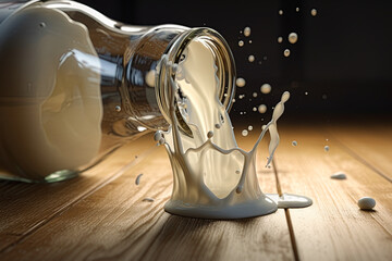 Milk spilling from the bottle. Generative Ai illustration