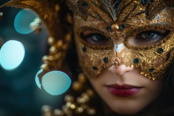 A close - up of a person's eyes behind a masquerade mask. Generative AI