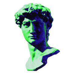 Bust of Michelangelo’s David collage element in acid style isolated on transparent background