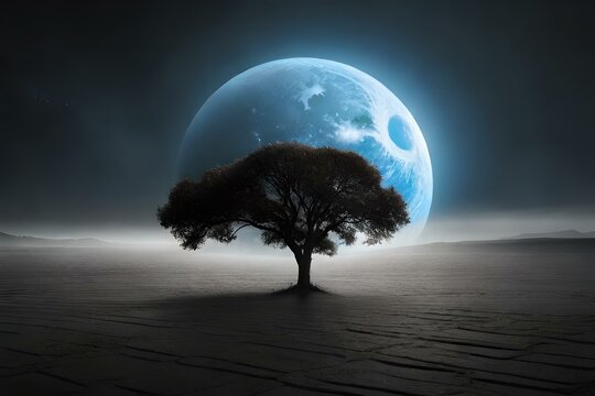 An image of a majestic tree covering the full moon behind it