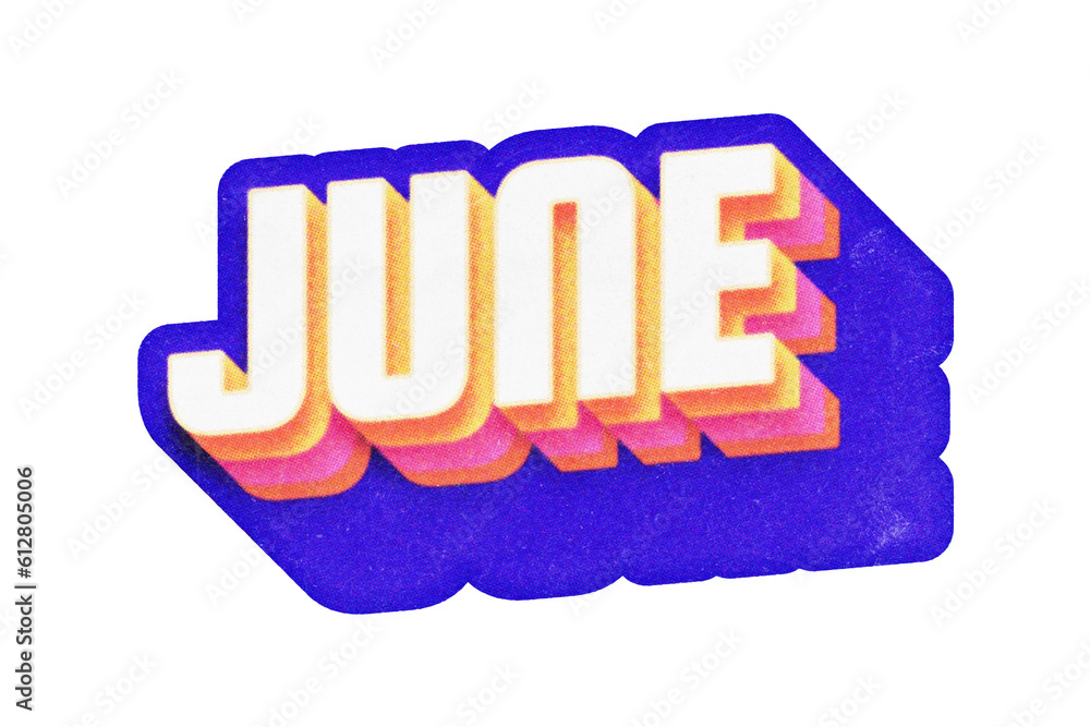Poster word june paper cut-out in retro three-dimensional lettering style isolated on transparent backgroun