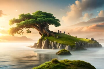 A majestic tree standing alone on the edge of a small island - Generative AI Technology