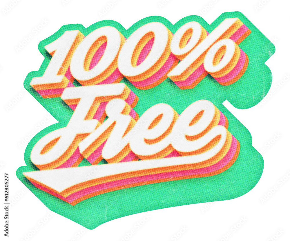 Poster words 100% free paper cut-out in retro three-dimensional script lettering style isolated on transpar
