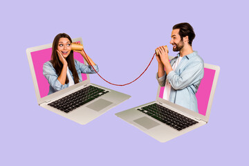 Template advert collage of two internet friends have distant communication using netbook cup call telling breaking news