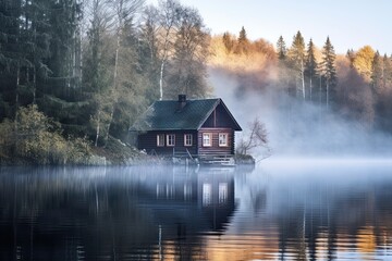 A Tranquil Morning at a Small Wooden Cabin on the Lake's Border - Enjoy the Beautiful Woodland. Generative AI
