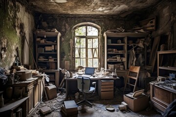 Abandoned and Creepy: An Old Office in a Haunted House of Ancient Ruins. Generative AI