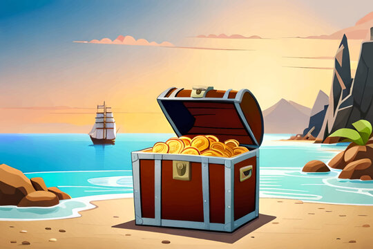 Treasure chest. Treasure on the beach. Sea treasure.