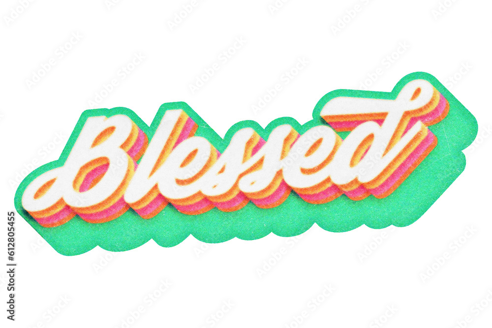 Poster word blessed paper cut-out in retro three-dimensional script lettering style isolated on transparent
