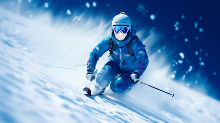 Fototapeta na wymiar Man in professional alpine ski gear. Hanging down from snowiest mountain