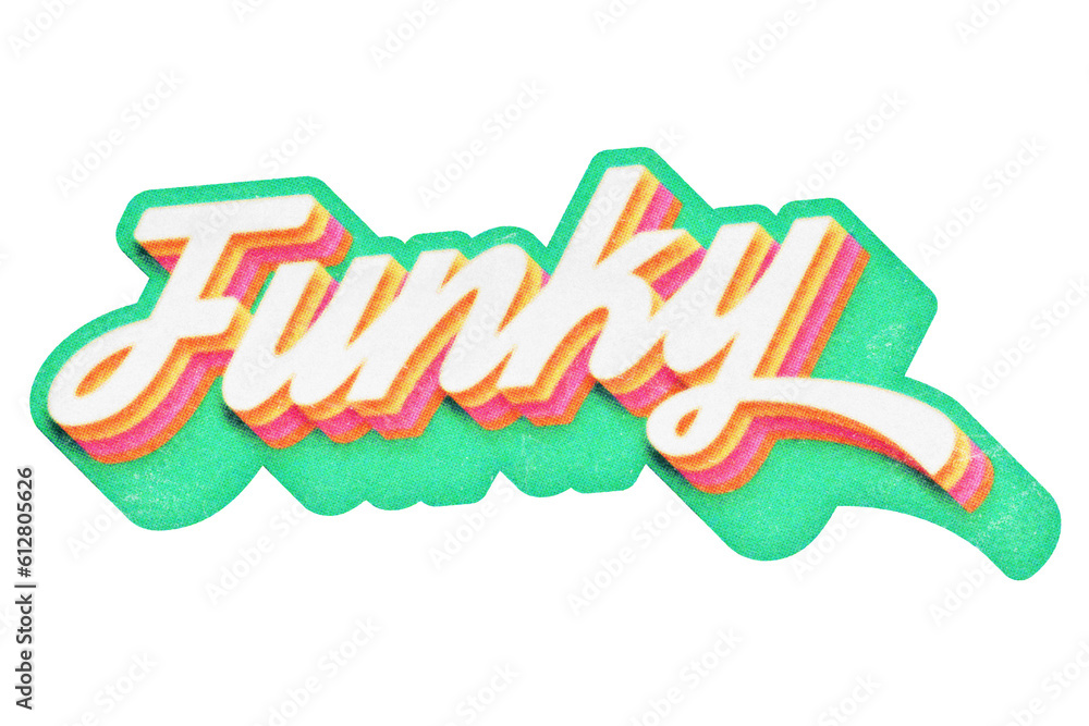 Poster word funky paper cut-out in retro three-dimensional script lettering style isolated on transparent b