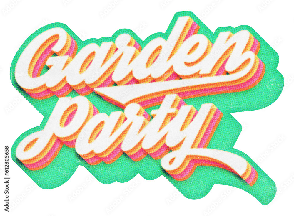 Poster words garden party paper cut-out in retro three-dimensional script lettering style isolated on trans