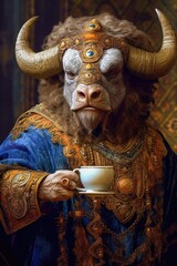 It's tea time! A fantasy bison drinking tea in baroque style. Generative AI.