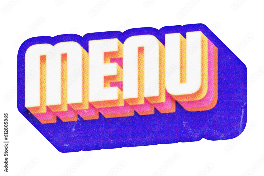 Poster word menu paper cut-out in retro three-dimensional script lettering style isolated on transparent ba