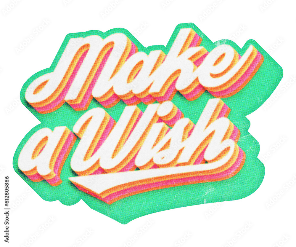 Poster words make a wish paper cut-out in retro three-dimensional script lettering style isolated on transp