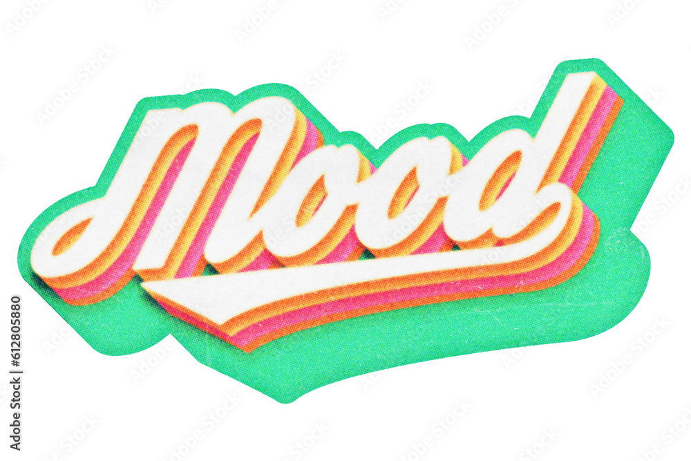 Poster word mood paper cut-out in retro three-dimensional script lettering style isolated on transparent ba