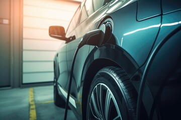 Electric car and home wall EV charger. Generative AI