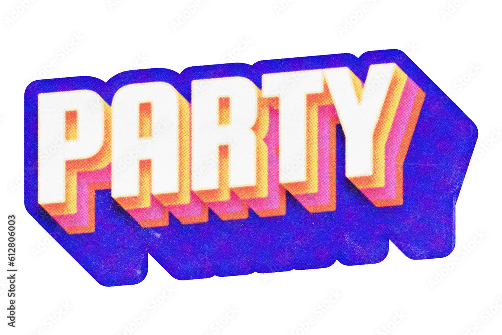 Poster word party paper cut-out in retro three-dimensional script lettering style isolated on transparent b