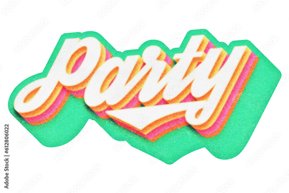 Poster word party paper cut-out in retro three-dimensional script lettering style isolated on transparent b
