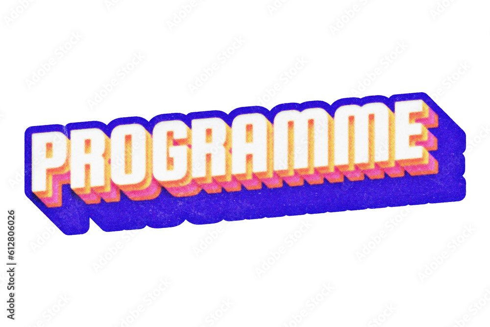 Poster word programme paper cut-out in retro three-dimensional script lettering style isolated on transpare