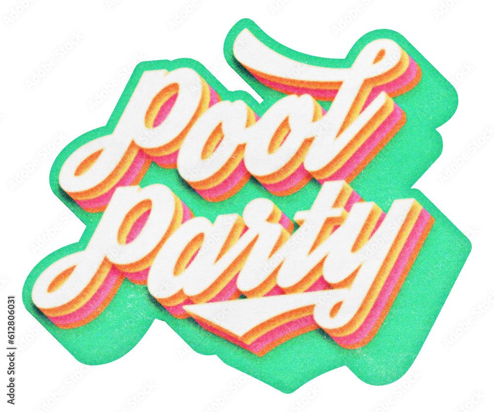 Poster words pool party paper cut-out in retro three-dimensional script lettering style isolated on transpa