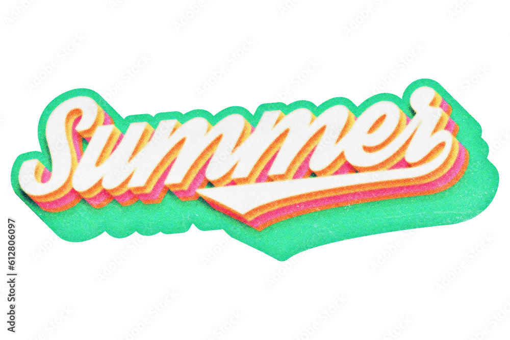 Poster word summer paper cut-out in retro three-dimensional script lettering style isolated on transparent 