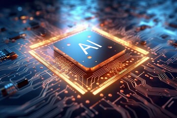 3D render AI artificial intelligence technology CPU central processor unit chipset on the printed circuit board for electronic and technology concept select focus shallow depth of field Generative AI - obrazy, fototapety, plakaty