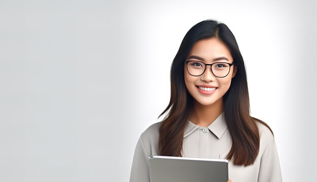 Young asian woman, company worker in glasses, smiling and holding tablet, standing over light pastel background