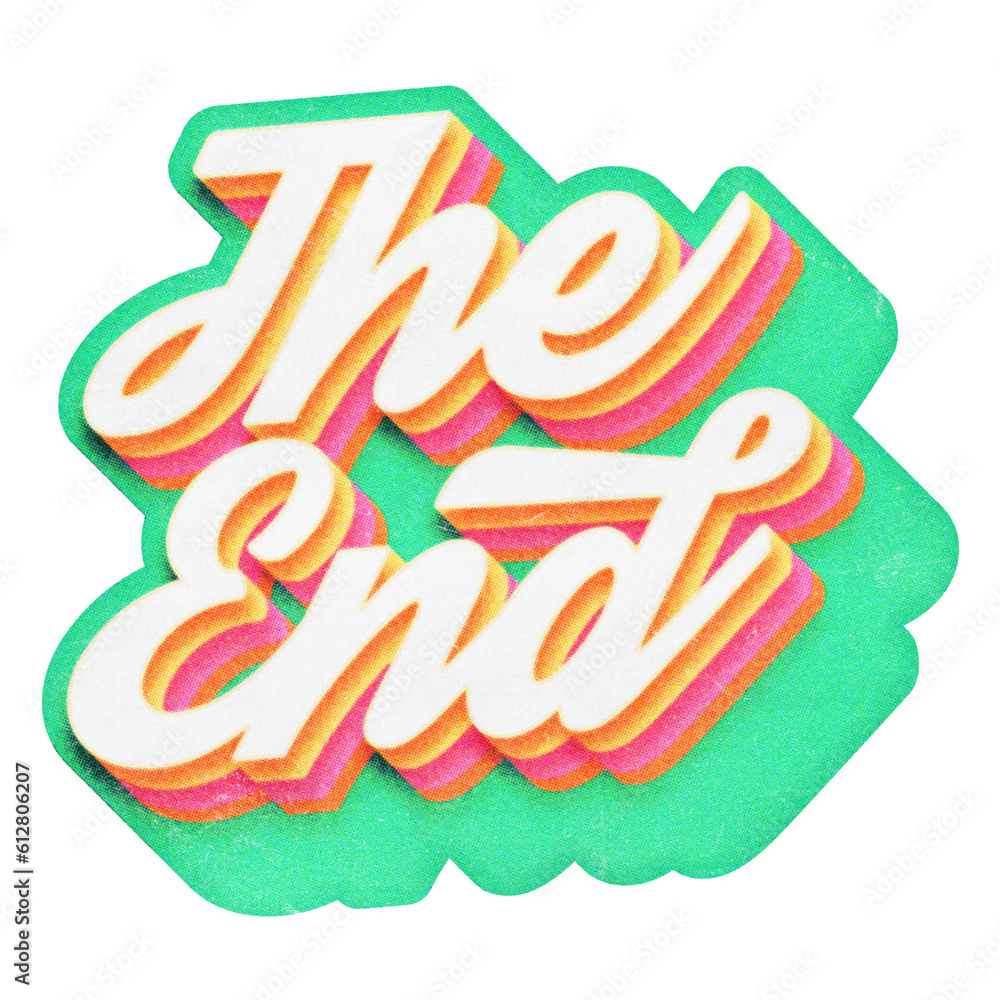 Poster words the end paper cut-out in retro three-dimensional script lettering style isolated on transparen