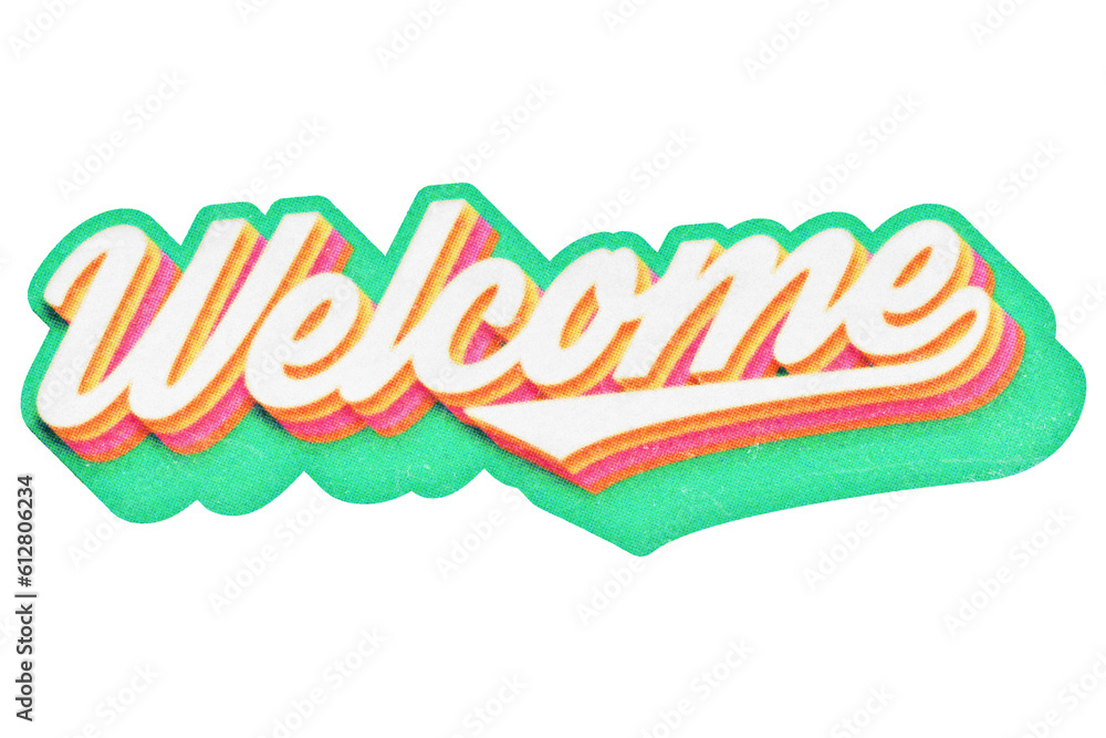 Poster word welcome paper cut-out in retro three-dimensional script lettering style isolated on transparent