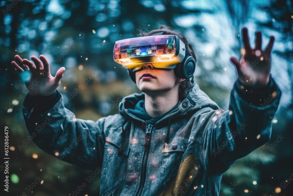 Aufkleber a photo of a person experiencing a virtual reality( vr) simulation. generative ai