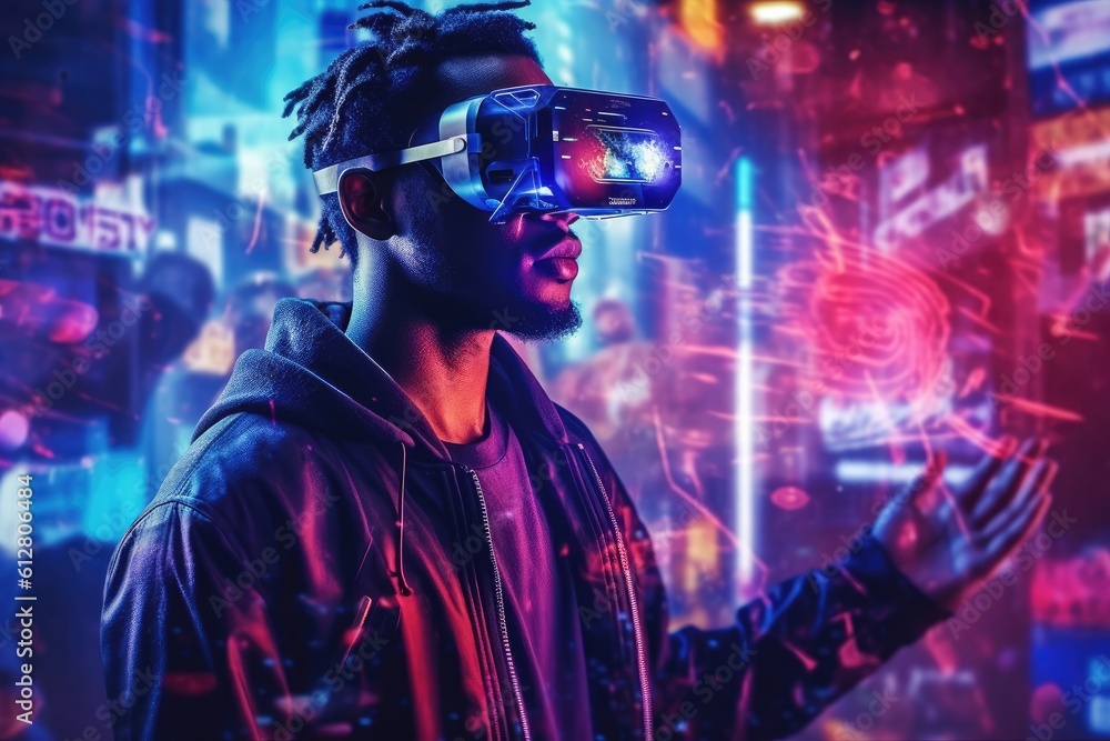 Aufkleber a photo of a person experiencing a virtual reality( vr) simulation. generative ai