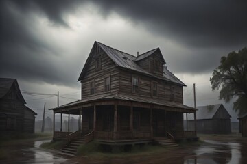 A scary ghost town with a dark sky, a frightening story scene, Halloween concept. Generative AI.