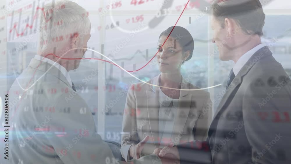 Poster animation of digital interface and financial data processing over diverse businesspeople