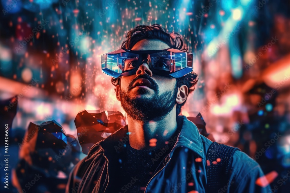 Poster a photo of a person experiencing a virtual reality( vr) simulation. generative ai