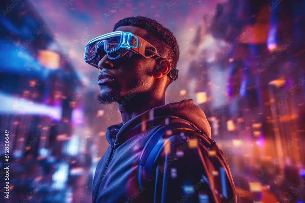 Poster a photo of a person experiencing a virtual reality( vr) simulation. generative ai