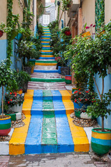 Colorful stairs among historical buildings in the old Medina, the Jewish neighborhood in downtown Fez, Morocco, Africa. Traditional houses on tiny urban streets, decorated with plants and flowers. 