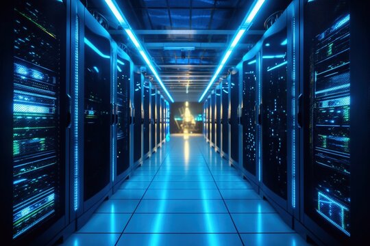 Dark servers data center room with storage systems and digital graphs and charts 3D rendering Generative AI