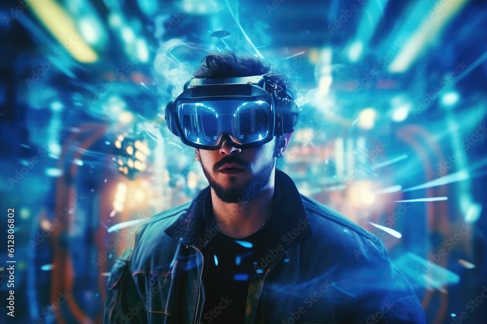 Poster a photo of a person experiencing a virtual reality( vr) simulation. generative ai