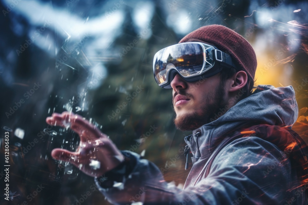 Poster a photo of a person experiencing a virtual reality( vr) simulation. generative ai