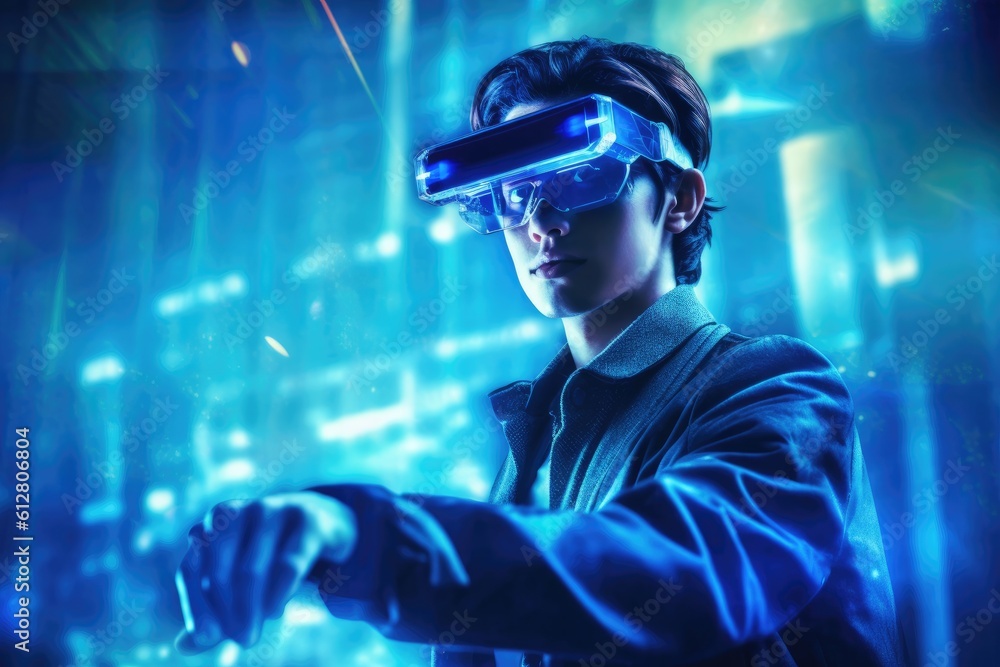 Aufkleber a photo of a person experiencing a virtual reality( vr) simulation. generative ai